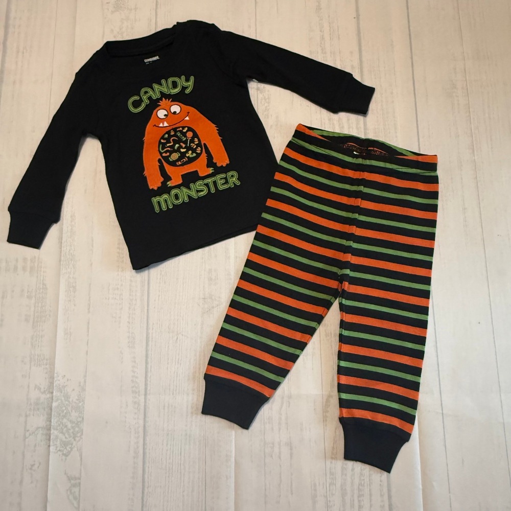 Gymboree Candy Monster Pajama Set 12-18 Months Black Orange Green Striped NWT